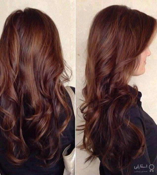 رنگ موی شکلاتی تیره با بالیاژ قهوه‌ای -قرمز
